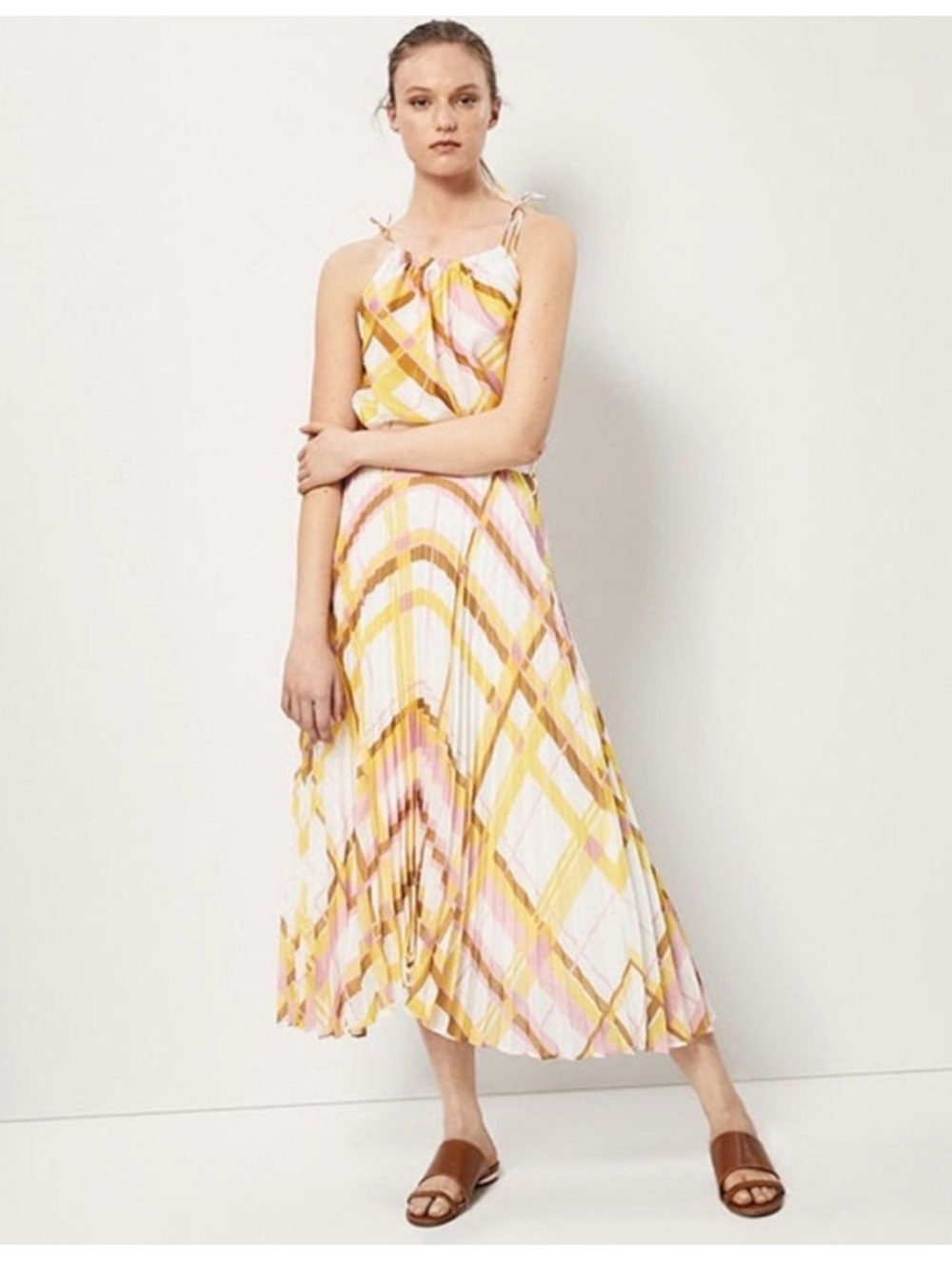 Pleated Yellow & Pink Plaid Midi Skirt with Matching Top